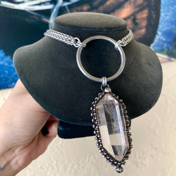 Double chain big Natural Crystal quartz black electroplated boho goth necklace - Picture 11 of 15